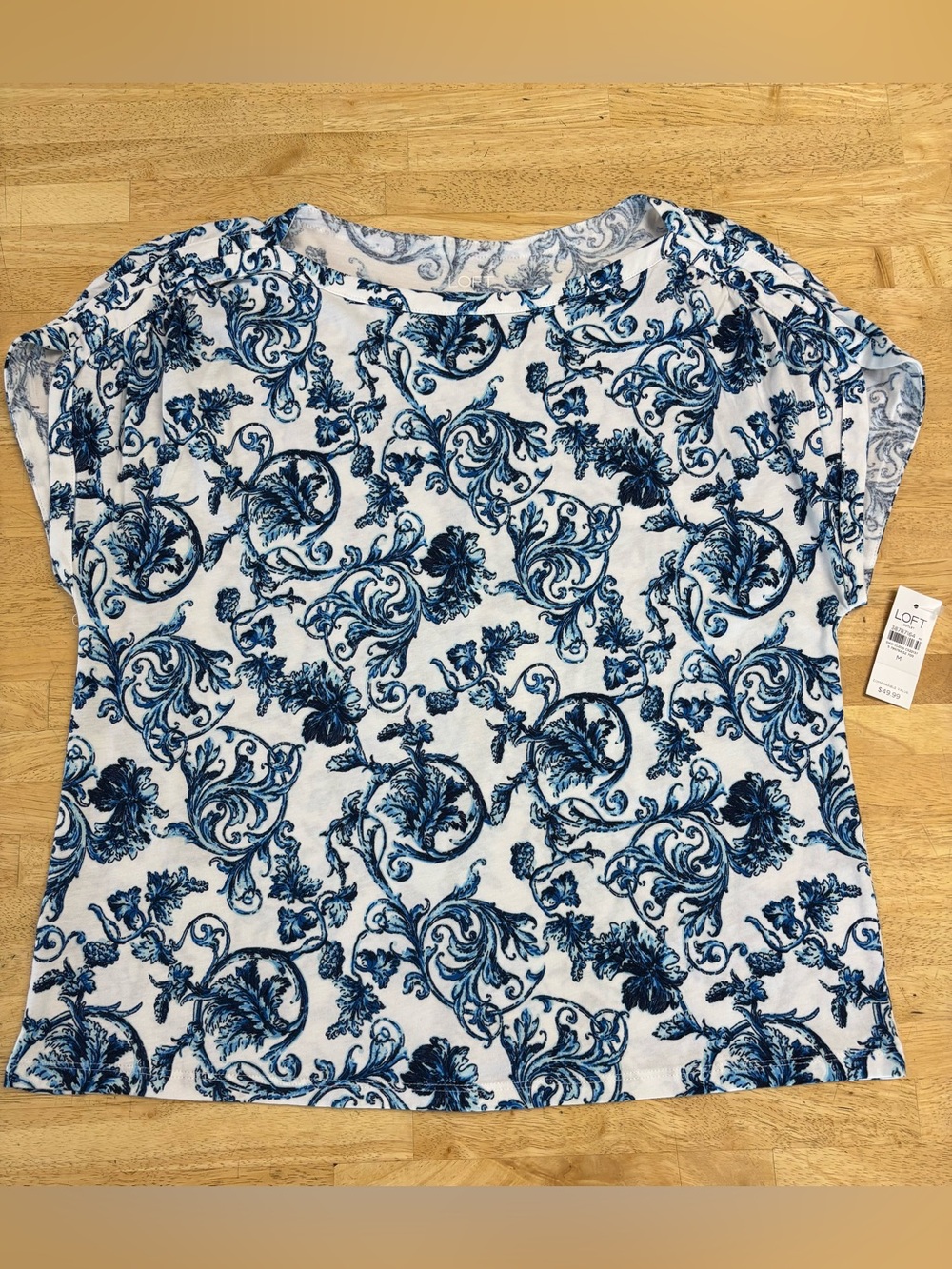 NWT LOFT White Short-Sleeve Top with Blue Scroll Floral Print